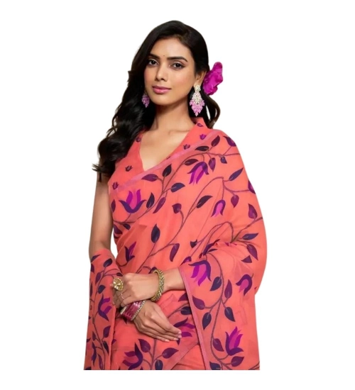 Women's Georgette Printed Saree With Unstitched Blouse 5.5Mtr (Peach)