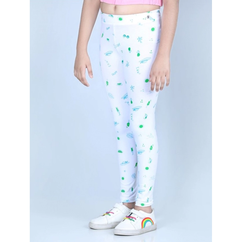 Girl's Cotton Lycra Printed Elasticated Leggings (White)