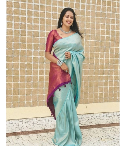 Women's Litchi silk Printed Saree With Unstitched Blouse (Blue)