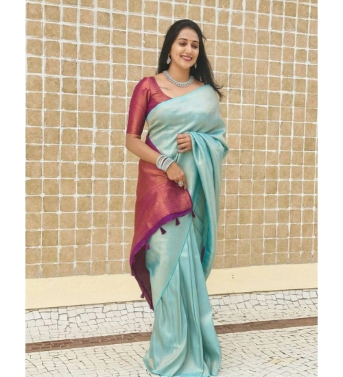 Women's Litchi silk Printed Saree With Unstitched Blouse (Blue)