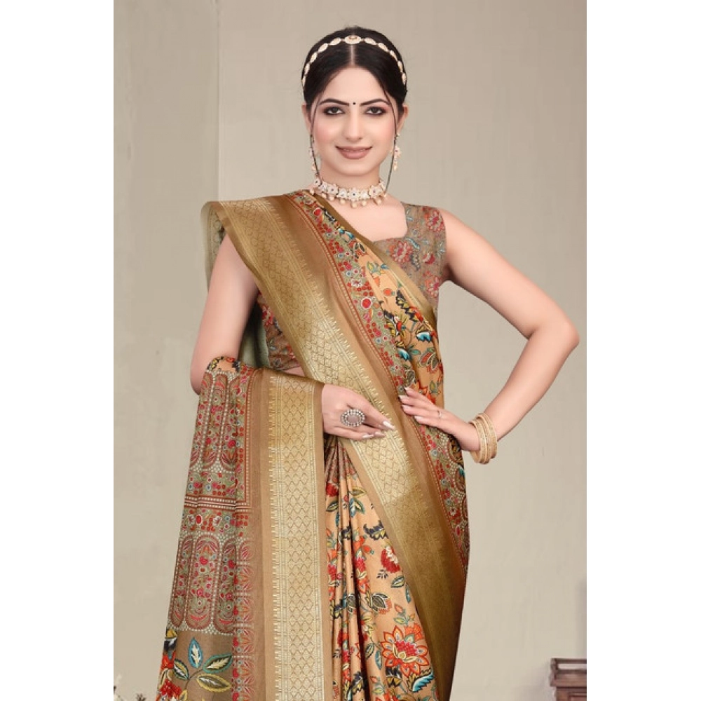 Women's Cotton Silk  Printed Saree With Unstitched Blouse 5.5Mtr (Peach)
