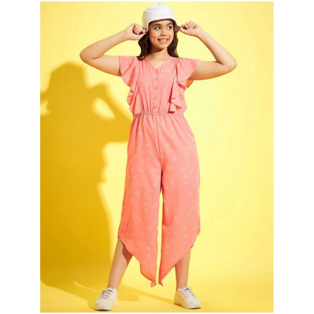 Girl's Polyester Floral Sleeveless Jumpsuit (Pink) Girl's Polyester Floral Sleeveless Jumpsuit (Pink)