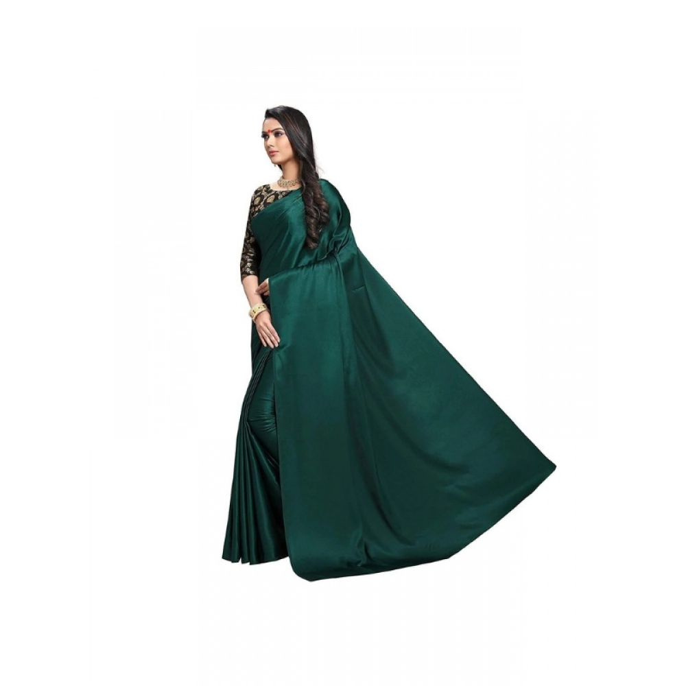 Women's Satin Solid Saree With Unstitched Blouse 5.5Mtr (Green)