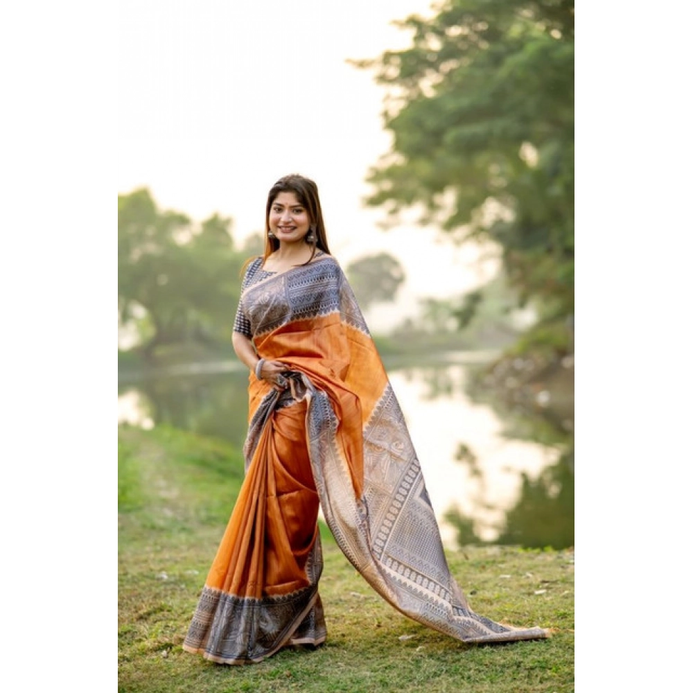 Women's Faux_Tussar Geometric_Print Saree With Unstitched Blouse 5.5Mtr (Rust) Women's Faux_Tussar Geometric_Print Saree With Unstitched Blouse 5.5Mtr (Rust)