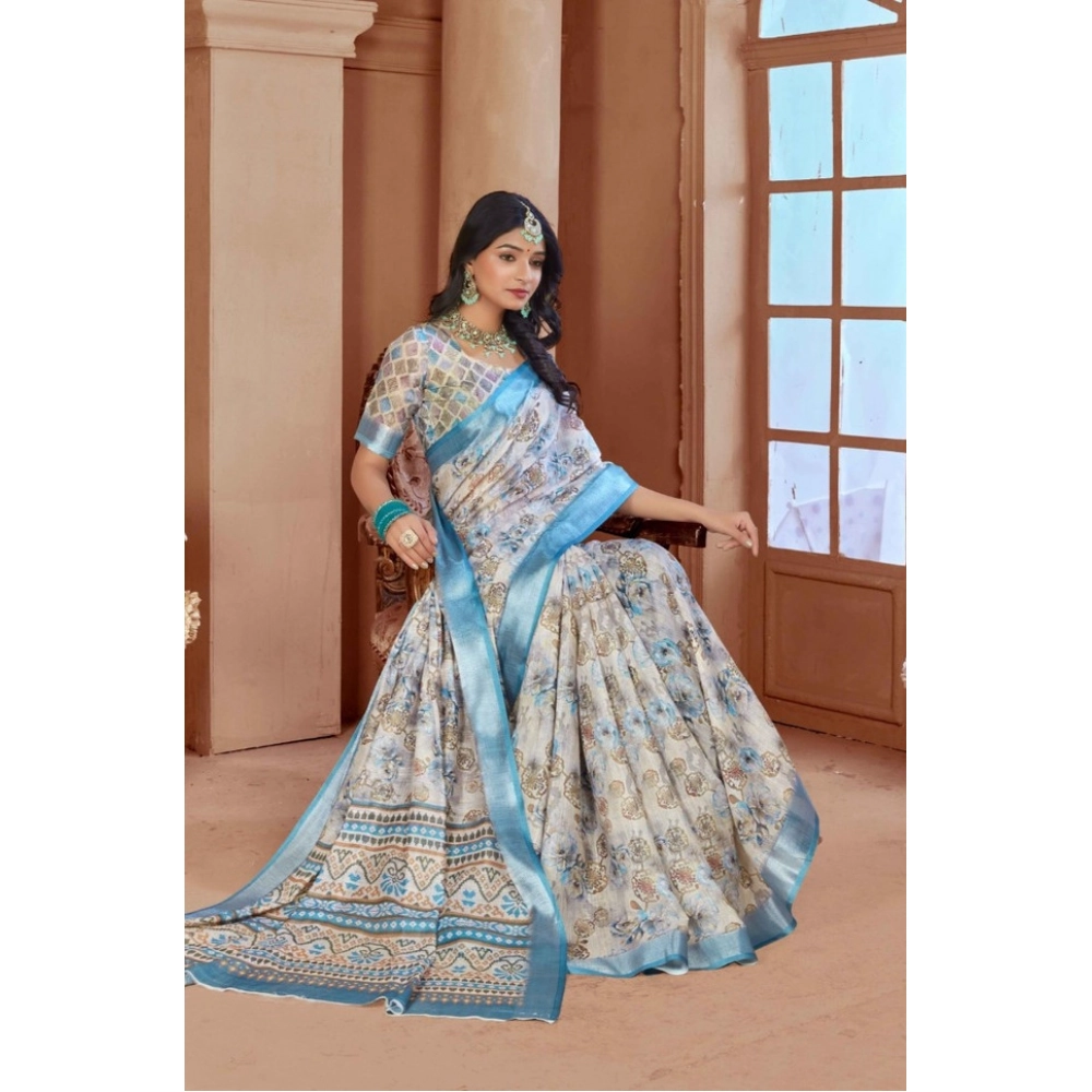 Women's Printed Cotton Linen Saree withPrinted  Saree With Unstitched Blouse (Beige , 5-6Mtrs)