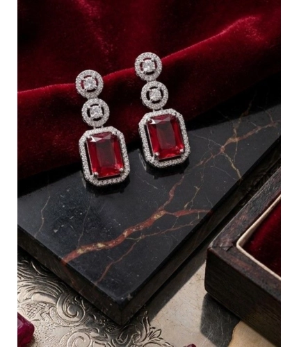 Women's Brass Silver Plated Drop Earrings (Red)