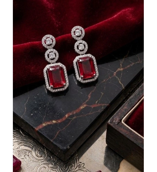 Women's Brass Silver Plated Drop Earrings (Red)