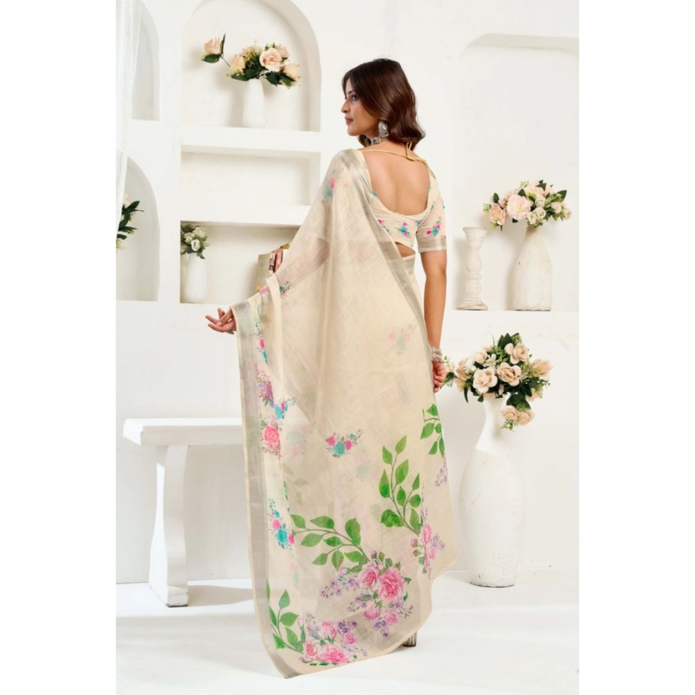 Women's Linen Cotton Printed Ready To Wear Saree With Unstitched Blouse 5.5 Mtr (Light_Beige) Women's Linen Cotton Printed Ready To Wear Saree With Unstitched Blouse 5.5 Mtr (Light_Beige)