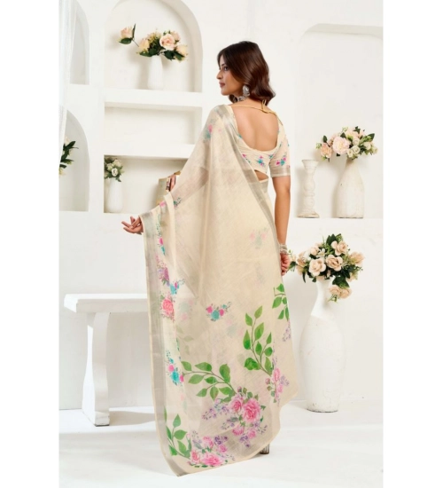 Women's Linen Cotton Printed Ready To Wear Saree With Unstitched Blouse 5.5 Mtr (Light_Beige)