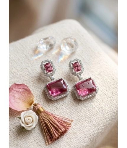 Women's Brass Silver Plated Drop Earrings (Red)