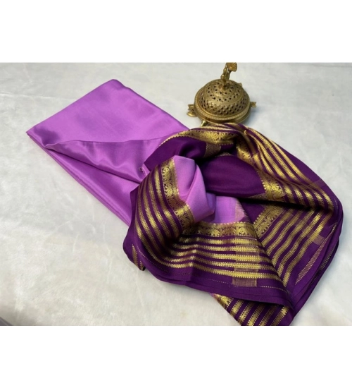Women's Crepe Chit Pallu Solid Saree With Unstitched Blouse 5.5Mtr (Dark Purple)