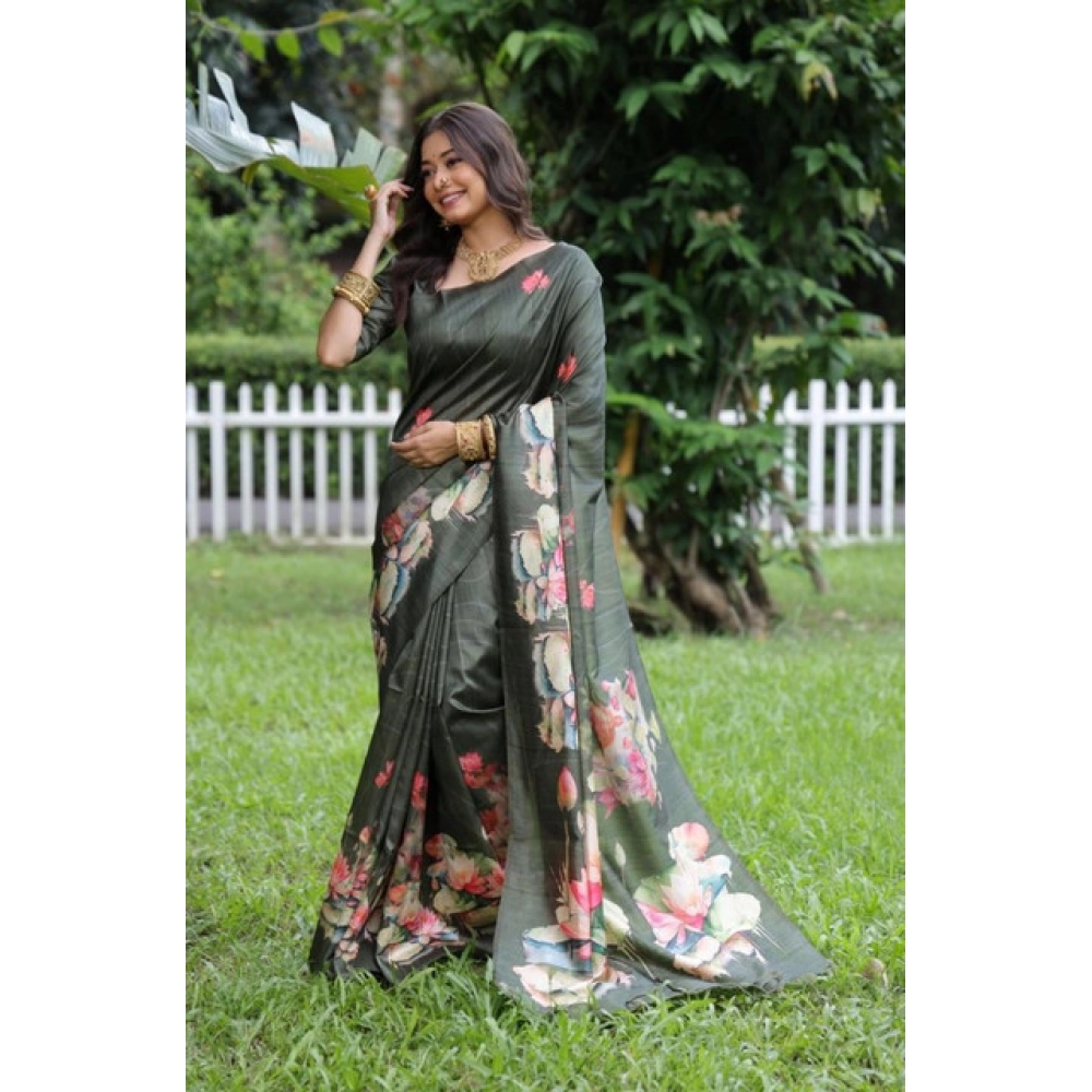 Women's Faux_Tussar Floral Saree With Unstitched Blouse 5.5Mtr (Olive) Women's Faux_Tussar Floral Saree With Unstitched Blouse 5.5Mtr (Olive)