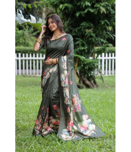 Women's Faux_Tussar Floral Saree With Unstitched Blouse 5.5Mtr (Olive)