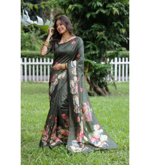Women's Faux_Tussar Floral Saree With Unstitched Blouse 5.5Mtr (Olive)