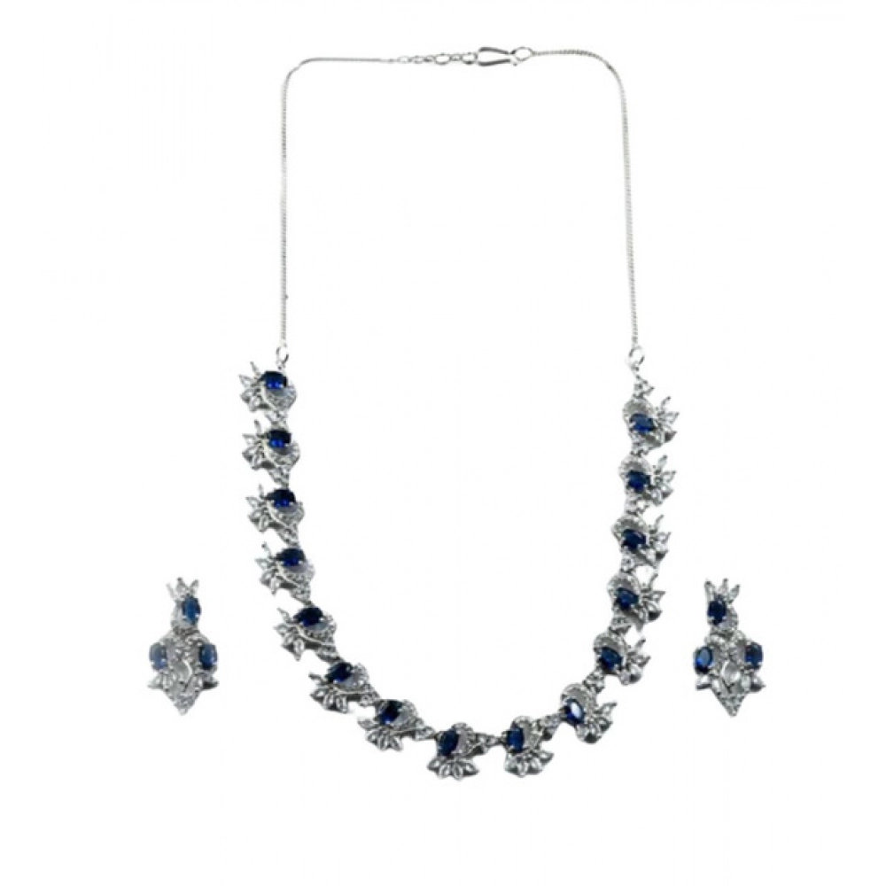 Women's Brass Silver Plated Necklace set (Blue)