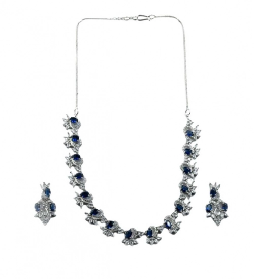 Women's Brass Silver Plated Necklace set (Blue)