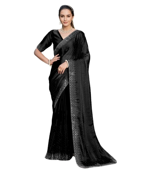 Women's Rangoli Diamond Weaving - Stone Work Saree With Unstitched Blouse 5.5Mtr (Black)