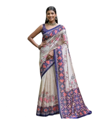 Women's Faux_Tussar Floral Jal With Patola Print Saree With Unstitched Blouse 5.5Mtr (Blue)
