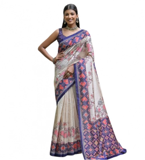 Women's Faux_Tussar Floral Jal With Patola Print Saree With Unstitched Blouse 5.5Mtr (Blue)