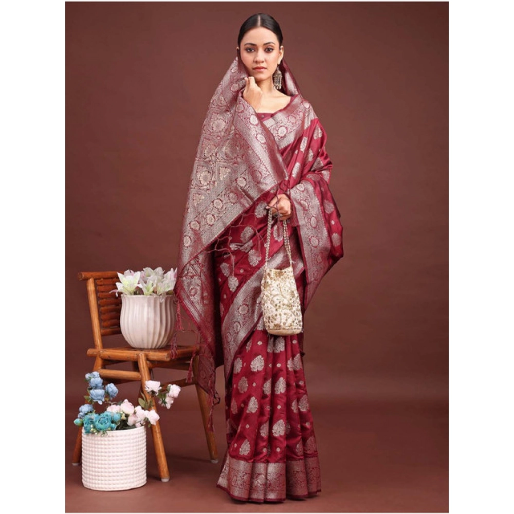 Women's Banarasi Silk Printed Saree With Unstitched Blouse 5.5Mtr (Maroon) Women's Banarasi Silk Printed Saree With Unstitched Blouse 5.5Mtr (Maroon)