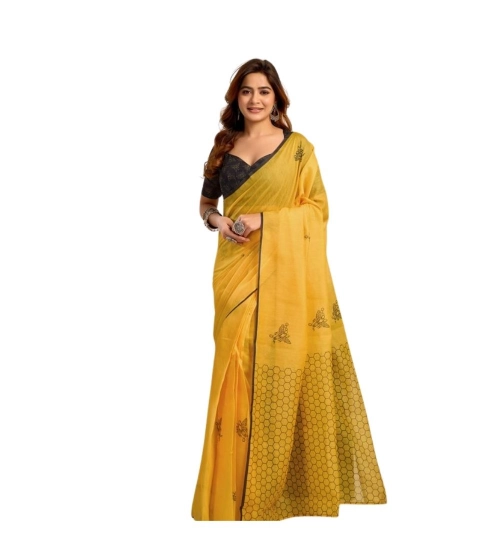 Women's Linen Cotton Printed Ready To Wear Saree With Unstitched Blouse 5.5 Mtr (Yellow)
