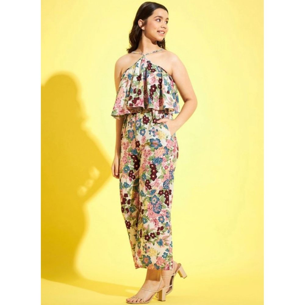 Girl's Polyester Crepe Floral Sleeveless Jumpsuit (Multicolor)