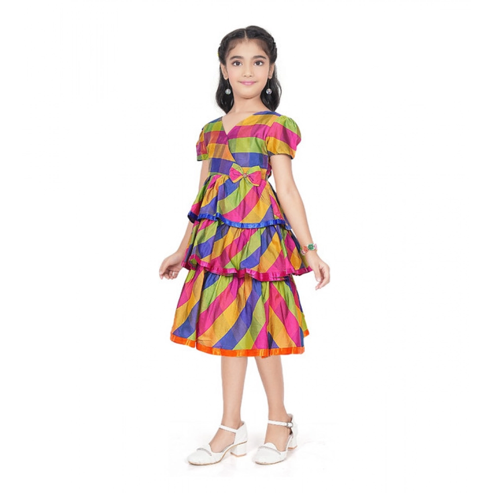 Girl's Taffeta Silk Striped Short Sleeve V Neck Dress (Multicolor)