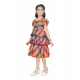Girl's Taffeta Silk Striped Short Sleeve V Neck Dress (Multicolor)