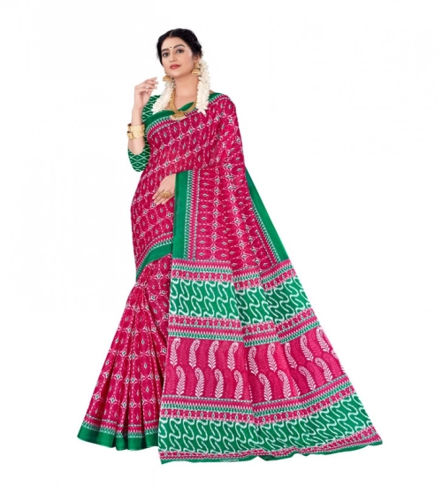 Women's Soft Pure Cotton Printed Saree With Unstitched Blouse 5.5Mtr (Pink)
