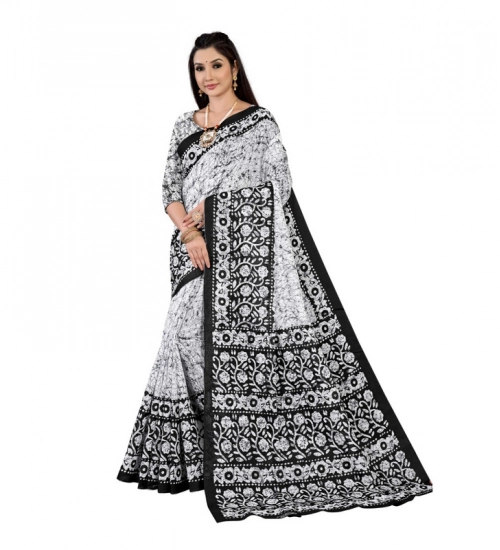 Women's Soft Pure Cotton Printed Saree With Unstitched Blouse 5.5Mtr (Black - White)