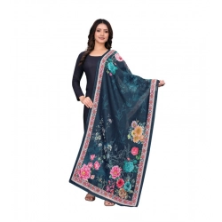 Women's chanderi silk  Printed Dupatta (Navy Blue, Length: 2 Mtr)