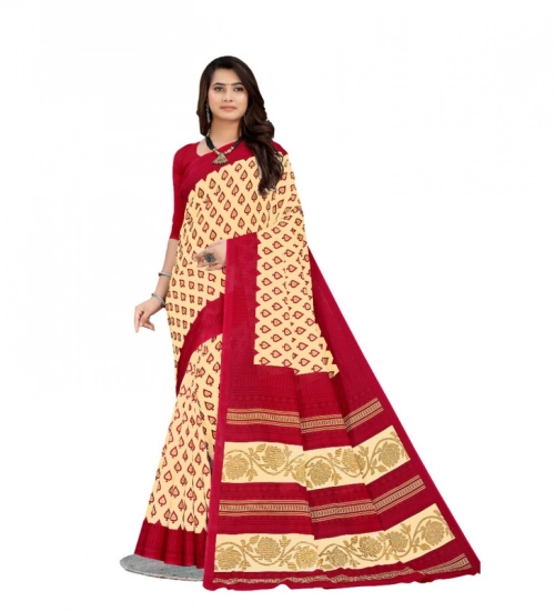 Women's Soft Pure Cotton Printed Saree With Unstitched Blouse 5.5Mtr (Beige)