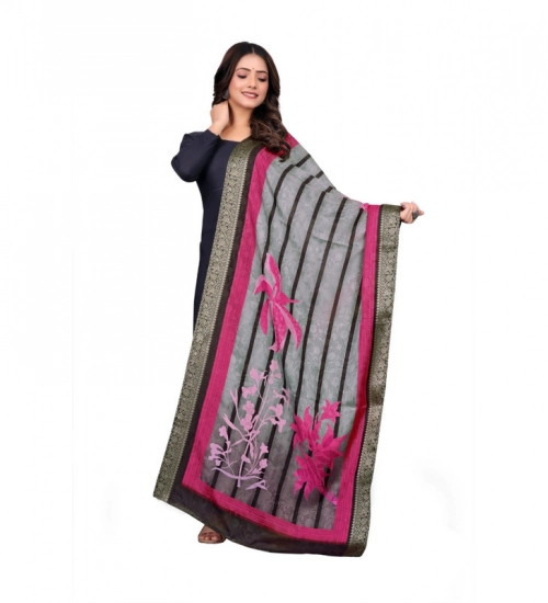 Women's chanderi silk  Printed Dupatta (Black, Length: 2 Mtr)