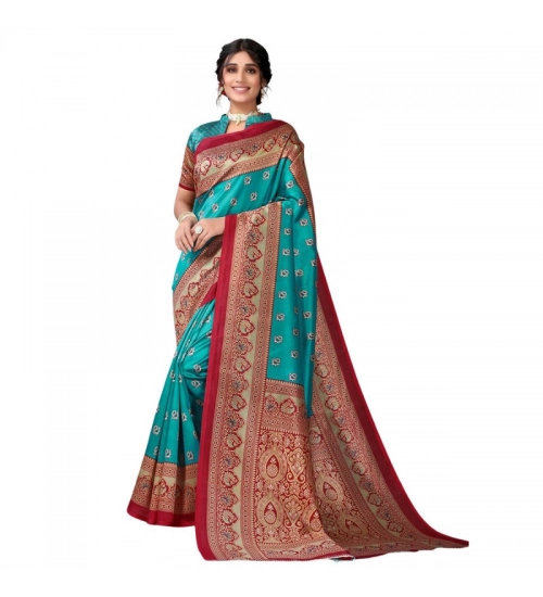 Women's Litchi silk Printed Saree With Unstitched Blouse  5-6 Mtrs (Turquoise Blue)