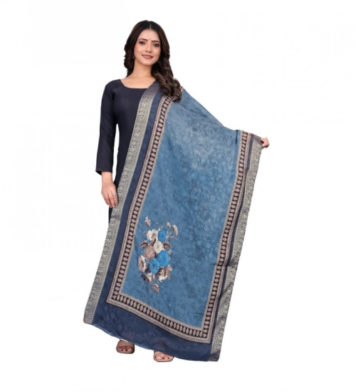 Women's chanderi silk  Printed Dupatta (Navy Blue, Length: 2 Mtr)