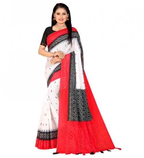 Women's Soft Pure Cotton Printed Saree With Unstitched Blouse 5.5Mtr (White)