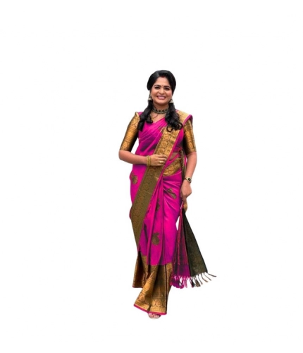 Women's Soft Lichi Silk Printed Saree With Unstitched Blouse 5.5Mtr (Pink)