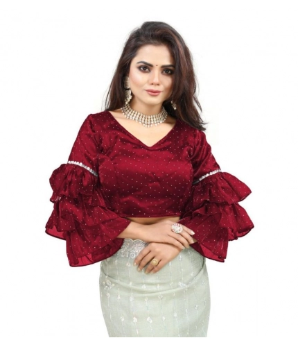 Women's Organza Solid V Neck Layered Ruffle Sleeve Readymade Blouse (Maroon Free Size , up to 38–40 Bust)-PID65854