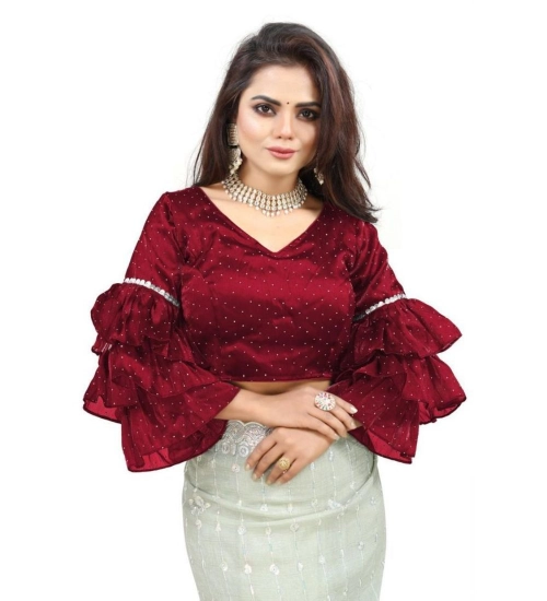 Women's Organza Solid V Neck Layered Ruffle Sleeve Readymade Blouse (Maroon Free Size , up to 38–40 Bust)-PID65854 Women's Organza Solid V Neck Layered Ruffle Sleeve Readymade Blouse (Maroon Free Size , up to 38–40 Bust)-PID65854