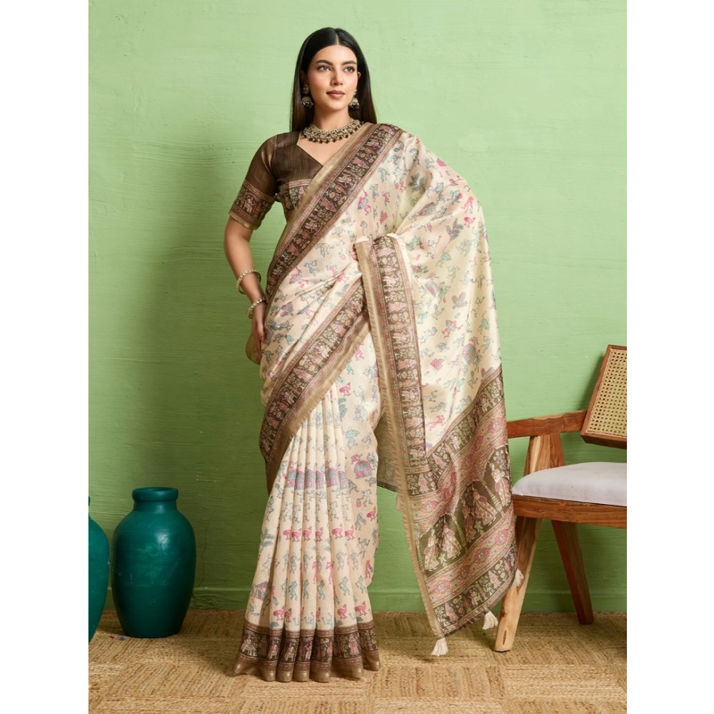 Women's Silk Blend Printed Saree With Unstitched Blouse 5.5Mtr (Cream) Women's Silk Blend Printed Saree With Unstitched Blouse 5.5Mtr (Cream)