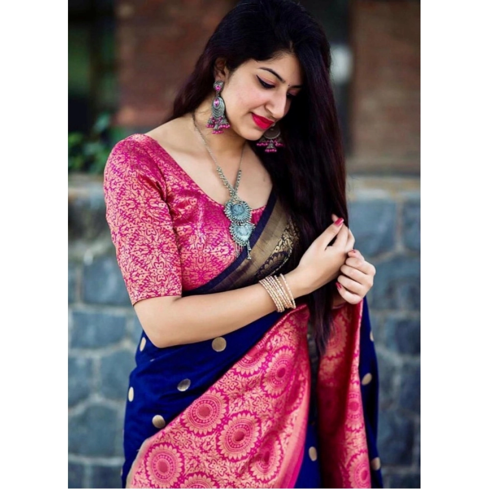 Women's Soft Lichi Silk Printed Saree With Unstitched Blouse 5.5Mtr (Blue)