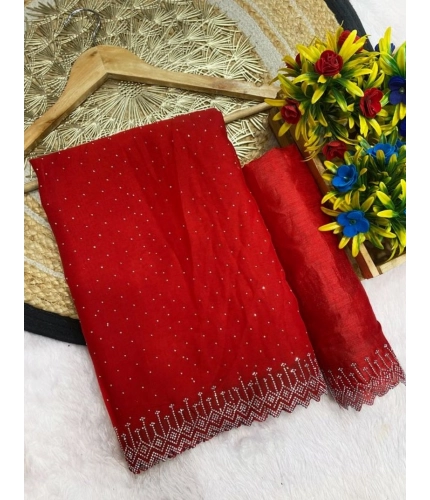 Women's Georgette Stone Work Saree With Unstitched Blouse 5.5Mtr (Red)