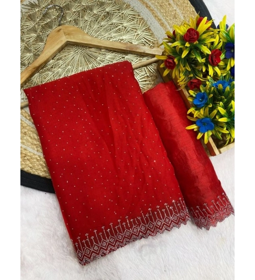 Women's Georgette Stone Work Saree With Unstitched Blouse 5.5Mtr (Red)