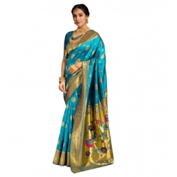 Women's Silk Blend Paithani Saree With Unstitched Blouse 5.5Mtr (Rama)