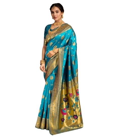 Women's Silk Blend Paithani Saree With Unstitched Blouse 5.5Mtr (Rama)