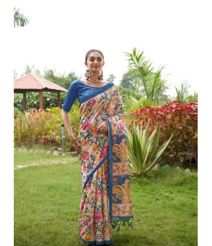 Women's Faux_Tussar Kalamkari_Print Saree With Unstitched Blouse 5.5Mtr (Blue)