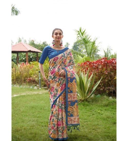 Women's Faux_Tussar Kalamkari_Print Saree With Unstitched Blouse 5.5Mtr (Blue)