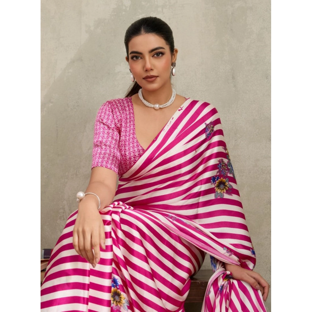 Women's Satin Crepe Printed Saree With Unstitched Blouse 5.5Mtr (Pink)