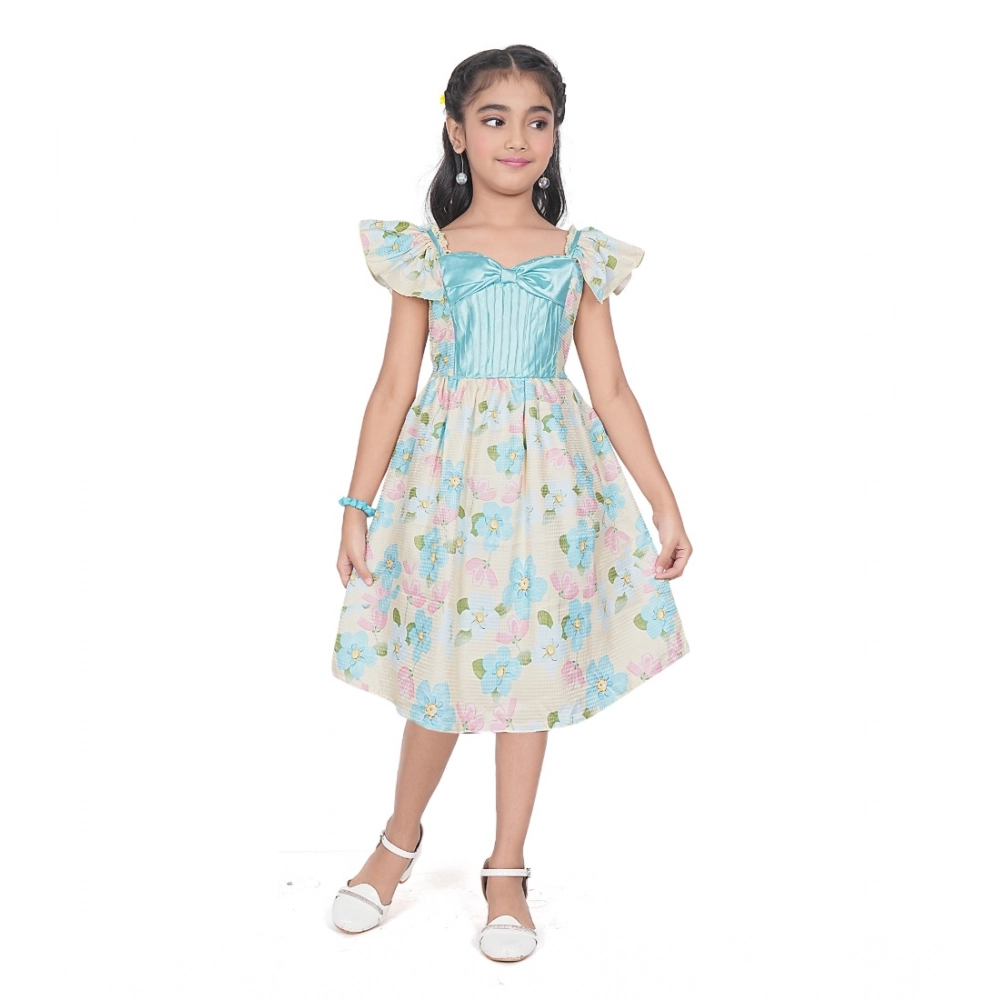 Girl's Popcorn Printed Short Sleeve Squre Neck Dress (Sky Blue)
