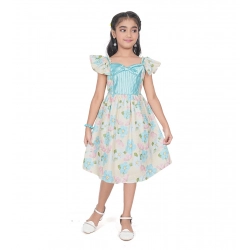 Girl's Popcorn Printed Short Sleeve Squre Neck Dress (Sky Blue)